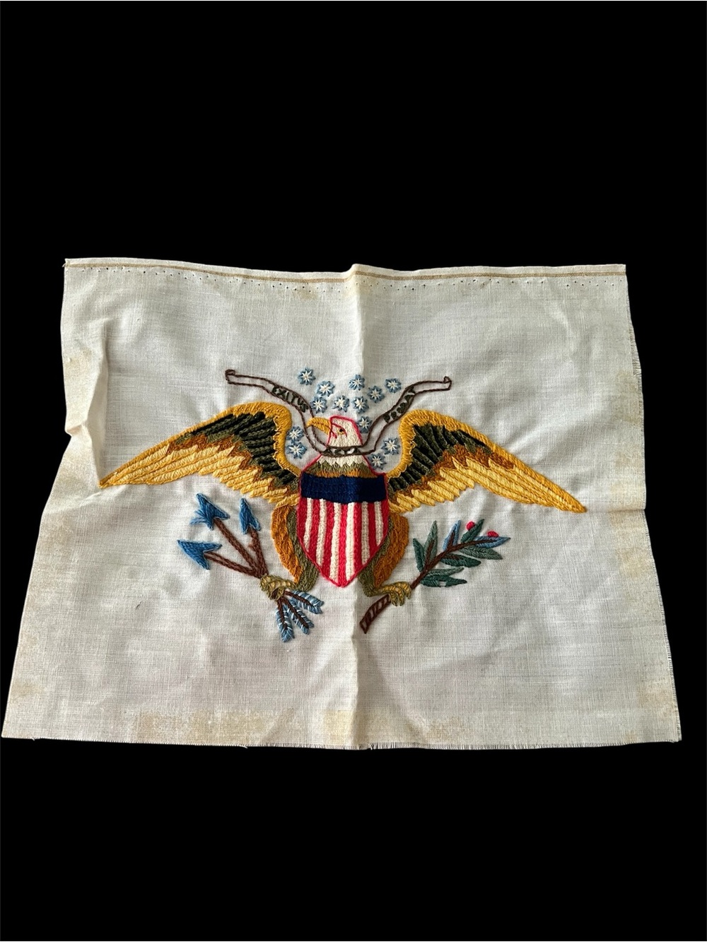 Vintage Crewel Great Seal of US Embroidered Panel American Eagle 18”x15”